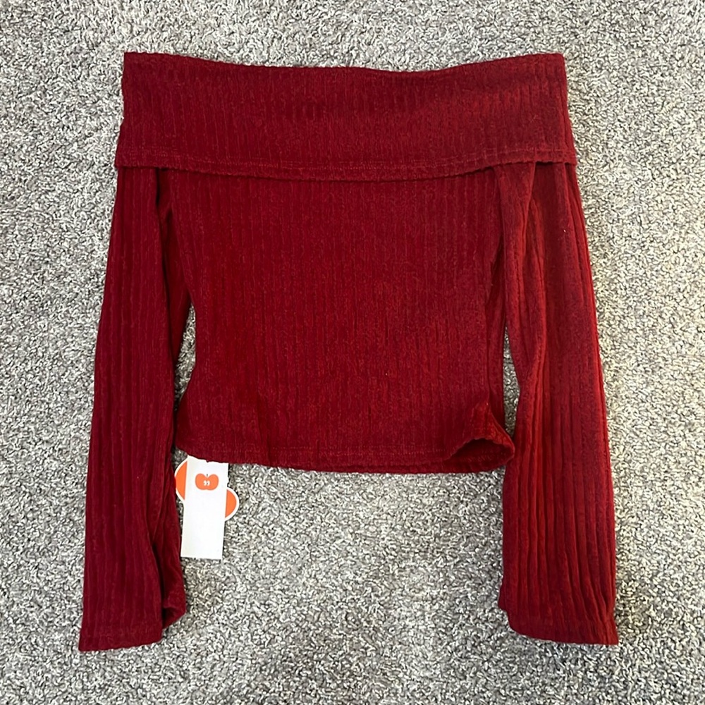 Off-shoulder Solid Long Sleeve Top